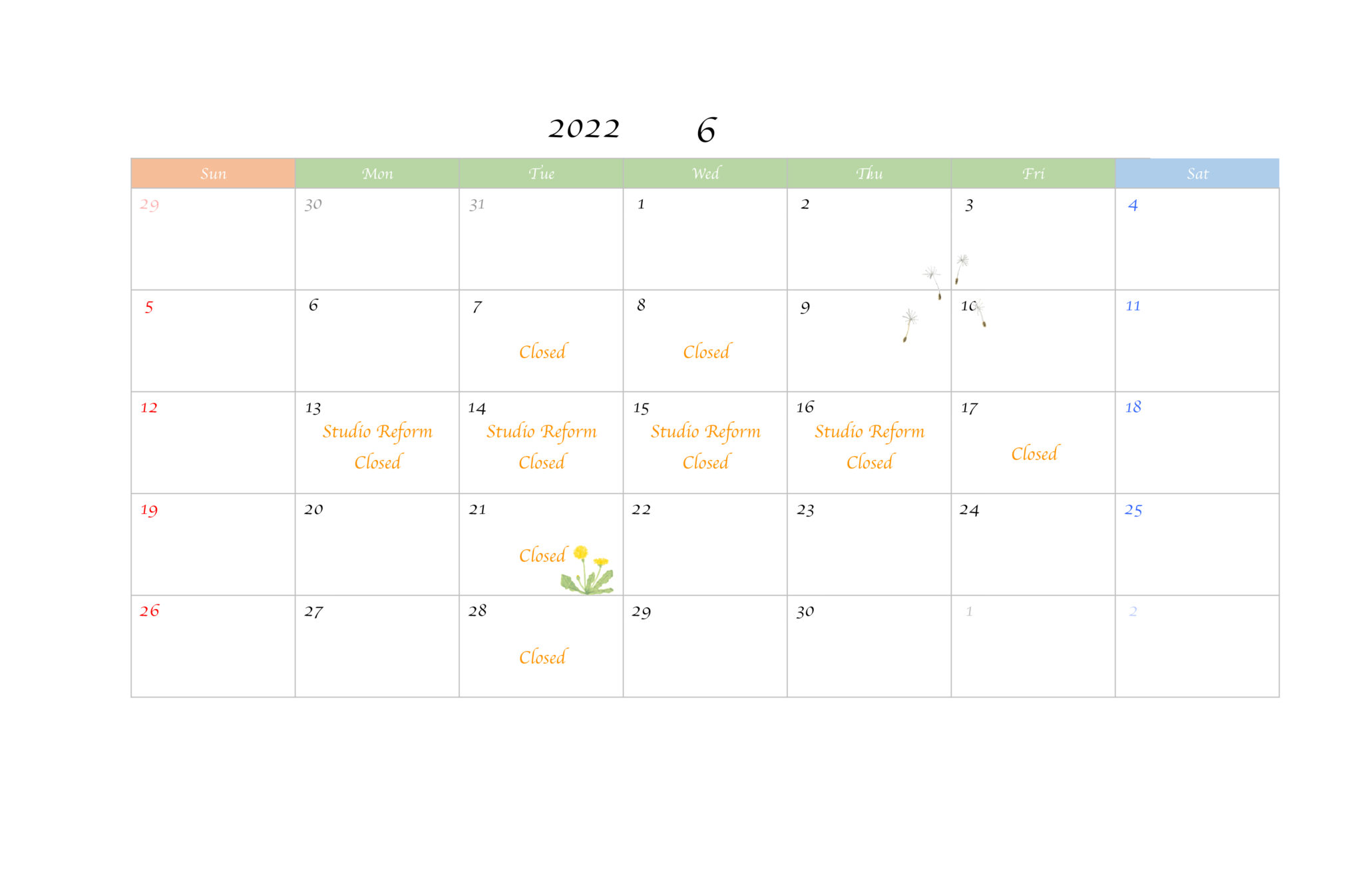 【2022年6月営業日のお知らせ】