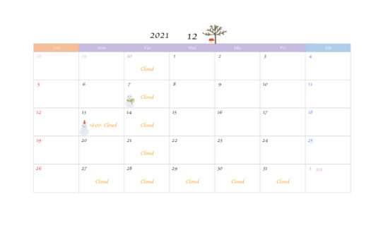 2021年12月　営業カレンダー